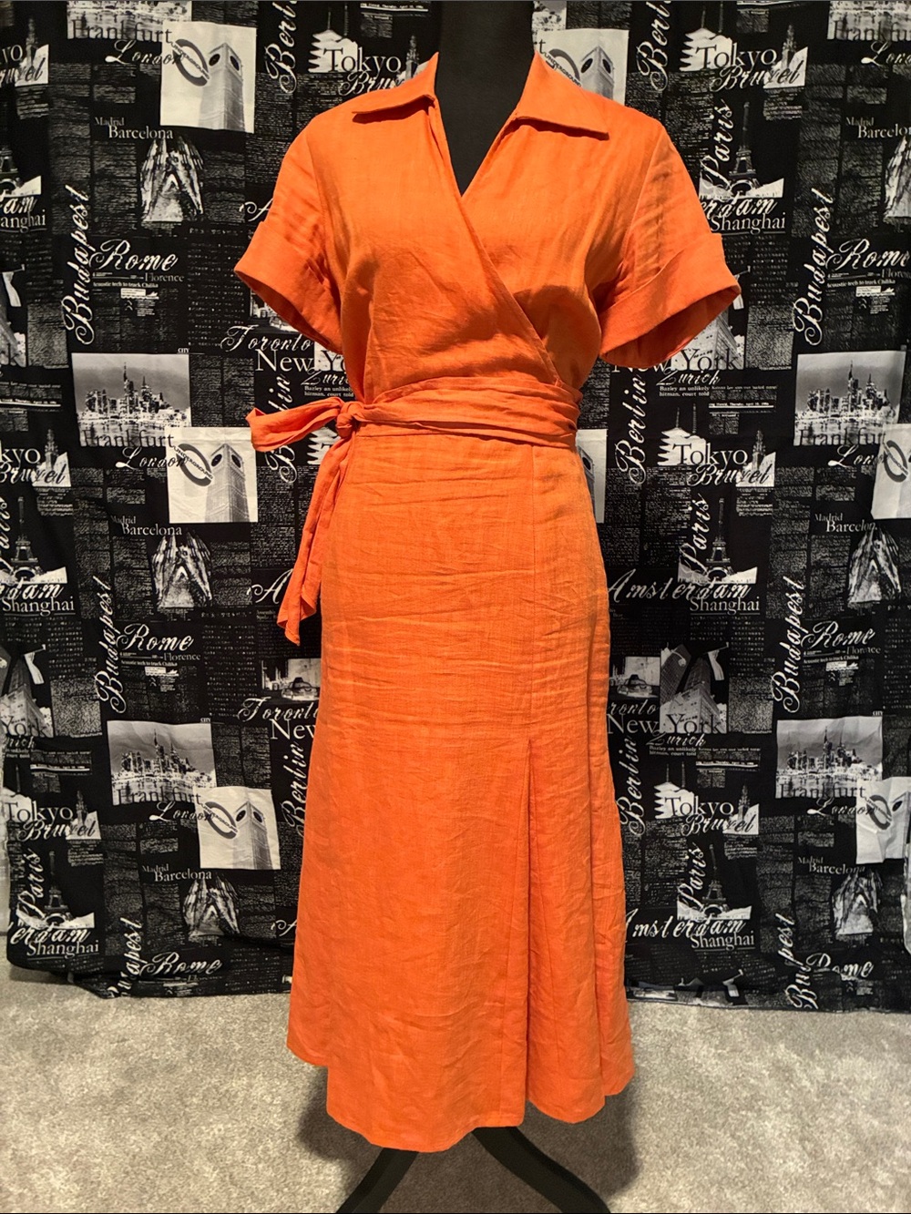 Kasper 100% Linen Wrap-Style Orange Midi Dress - Size 14